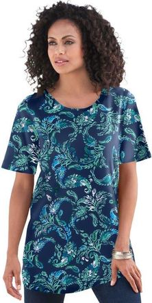 Roaman's Plus Size Cotton Ultimate Crewneck Tee in Navy Paisley Vines at Nordstrom, Size 1X