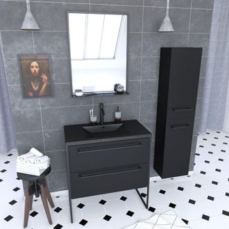Aurlane Aurlane - Set mobile da bagno 80x50 cm nero - 2 cassetti - lavabo nero - specchio - colonna sospesa