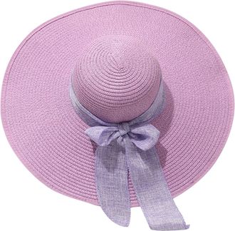 Generic Women Solid Sun Straw Hat Pre Tied Knot Round Wide Brim Hat Roll Up Lounce Vintage Sunshade Hat Panama Hat Beach Travel Outdoor Lightweight Fashion Pu