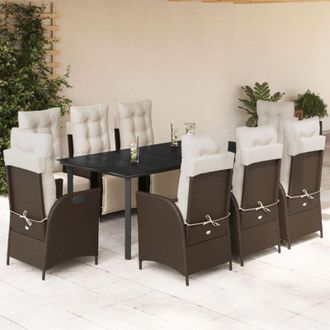 vidaXL Set Comedor Para Jard&iacute;n 9 Pzas Y Cojines Rat&aacute;n Sint&eacute;tico Marr&oacute;n Vidaxl