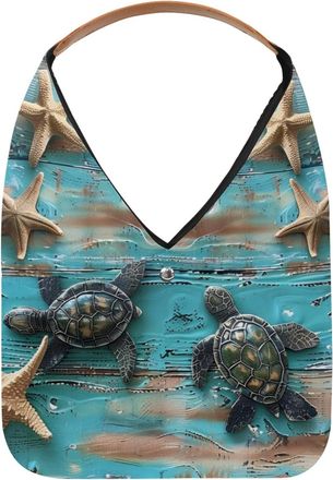 Generic Vintage Wooden Board Seashell Turtle Reusable Lightweight Grocery Bags - Foldable Into Compact Pouch, Washable & Sturdy, Multipurpose for Shopping and