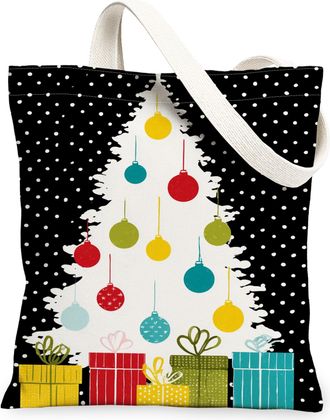 Generic Christmas Tree Canvas Tote Bags, Holiday Pattern Reusable Grocery Bags, Vintage Lightweight Washable Canvas for Travel Beac, Black, 13x15 Inch