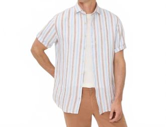 Brax Hardy Linen Mix Short Sleeved Shirt In Beige/ Light Blue Stripe