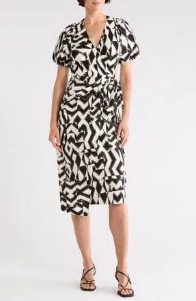 Diane Von F&uuml;rstenberg Arina Puff Sleeve Wrap Dress in Troy Maze Large Bw at Nordstrom Rack, Size 14