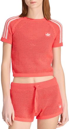 adidas Originals Open Stitch Short Sleeve Crop Sweater in Semi Lucid Red at Nordstrom, Size Xx-Small
