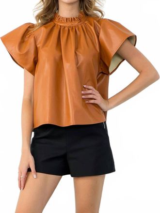 THML Clothing Flutter Sleeve Leather Top In Caramel