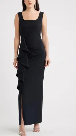 Chelsea28 Ruffle Drape Square Neck Maxi Gown in Black at Nordstrom, Size Xx-Small