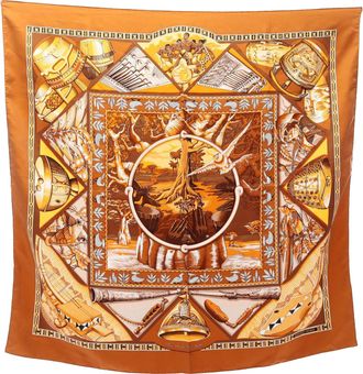 Herm&egrave;s Pre-owned Womens Au Son Du Tam Tam Silk Scarf 90 - Brown Textile - One Size