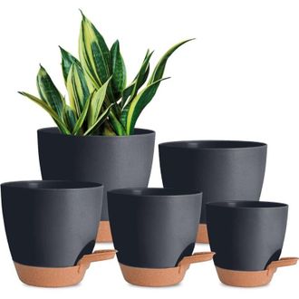 OEM Juego De 5 Macetas De Pl&aacute;stico Con Autorriego Y Orificio De Drenaje, 7/6.5/6/5.5/5 Pulgadas, Color Negro -crezuo