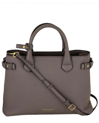 Burberry Grey Leather Banner House Check Canvas Medium Handbag (Authentic Pre-Loved)