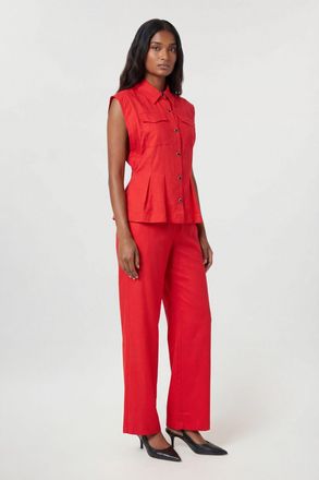 Karen Millen Womens Premium Viscose Linen Topstitch Woven Blouse With Waist Seam Detail - Red - Size 14 UK