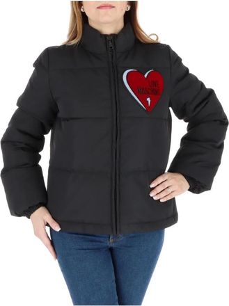 Love Moschino Zwarte Hart Patch Jas Lange Mouw - Dames - Winterjassen - Zwart - M - Polyester - Jassen