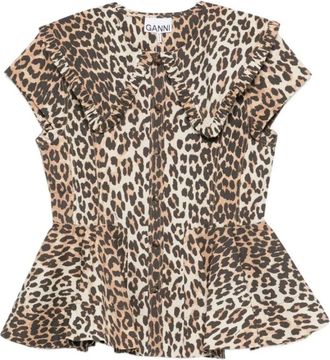 Ganni Blouses, female, Brown, Size: 2XS Ruffle Trim Peplum Blouse