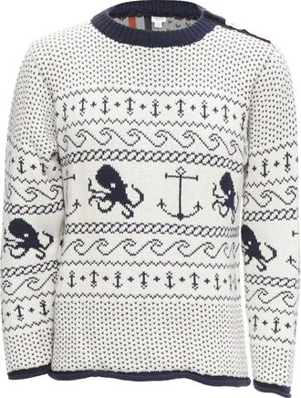 Thom Browne off white navy nautical octopus intarsia ringer sweater SZ.3 L