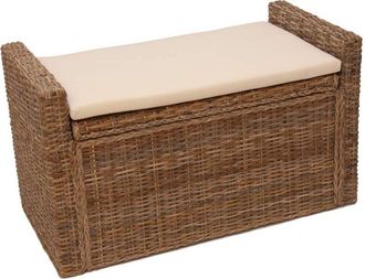 Hhg Baule Panca Contenitore M92 Rattan 44x88x51cm Kubu Grigio Con Cuscino