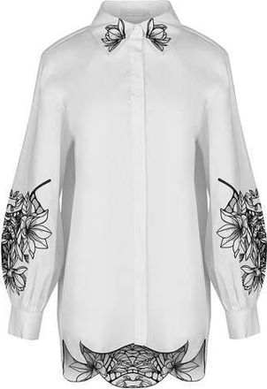 Anne Fontaine Womens Shirt Leonie White Long Sleeve Cotton Poplin Shirt With Black Embroidered Flowers in Black/white at Nordstrom, Size Medium