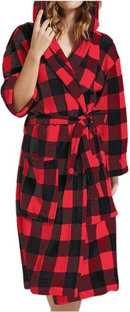 Generic Plaid Dressing Gown Women - Towelling Bath Robe with Hood, Tartan Check Hooded Loungewear, Plus Size Long Sleeve Bath Robe, Comfortable Ladies Towelli