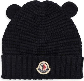 Moncler Kids Teddy Bear Logo Patch Virgin Wool Beanie in Navy at Nordstrom, Size Xxx-Small