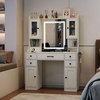 Costway Costway Modern Dressing Table Vanity Desk with Mirror & Lights in White