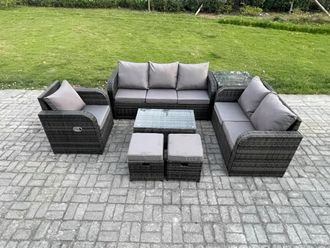 Fimous Patio Garden Furniture Sets Wicker 8 Seater Outdoor Rattan Furniture Sofa Sets with Rectangular Coffee Table Reclining Chair 3 Seater Sofa
