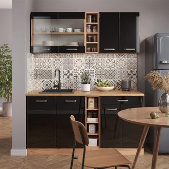 Vicco Cocina Para Solteros R-line, Roble Negro/dorado De Alto Brillo, 160 Cm Sin Encimera