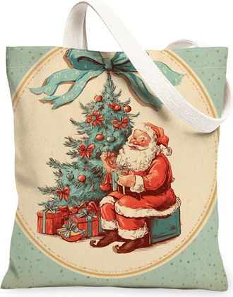 Generic Christmas Santa Canvas Tote Bags, Holiday Tree Design Reusable Grocery Bags, Vintage Lightweight Washable Shoulder Strap Ca, Vintage Green, 13x15 Inch