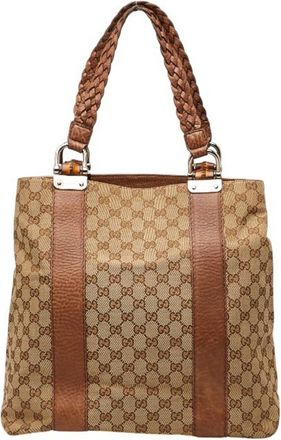 Gucci Beige Brown Canvas Leather Tote Bag (Pre-Owned)
