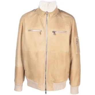 Brunello Cucinelli Mens Beige Shearling Collar Zip Front Jacket, Size L
