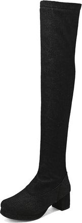 Generic Womens Fashion Denim Over The Knee Boots with Zipper Comfort Round Toe Block Heel Warm Winter Shoes (Black,7.5)