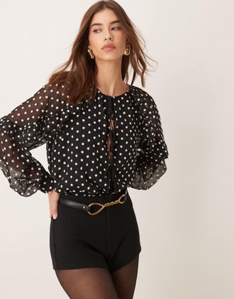 Nobody's Child Marlow ruffle blouse in black floral dot