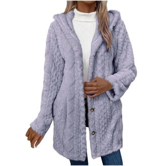 Generic Womens Fluffy Thick Cardigans with Hood Winter Fleece Jacket Longline Outdoor Thermal Long Sleeve Fuzzy Wool Coats Plus Size Casual Elegant Ladies Ove