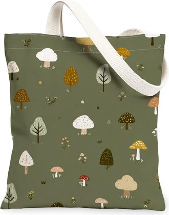 Generic Mushroom Pattern Canvas Tote Bags, Nature Inspired Reusable Grocery Bags, Autumn Vintage Lightweight Washable Shoulder Stra, Green, 13x15 Inch