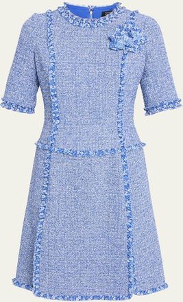 Teri Jon Frayed-Trim Woven Tweed Dress
