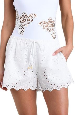 L'agence Monstera Eyelet Cove Cotton Cover-Up Shorts in White at Nordstrom, Size X-Small