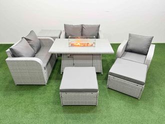 Fimous High Back Poly Rattan Garden Furniture Set w/ Reclining Chair Loveseat Sofa Firepit Dining Table Indoor Outdoor Patio Set 2 Big Stool Side