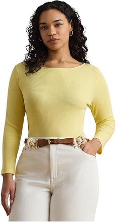 Lauren Ralph Lauren Plus Size Rib-Knit Cotton-Blend Boatneck T-Shirts Womens Clothing Lemon Sorbet : 3X, Cotton/Elastane/Modal