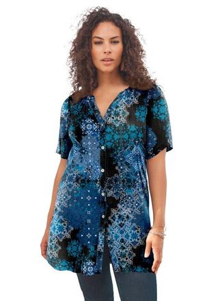Roaman's Plus Size Angelina Crinkle Crepe Y-Neck Short Sleeve Tunic in Black Layered Medallion at Nordstrom, Size 38