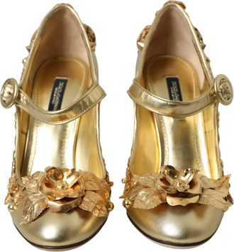 Dolce & Gabbana Gold Leather Crystal Mary Janes Pumps Womens Shoes