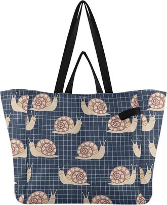 Generic Cute Snails Flowers Blue print Reusable Canvas Tote Bag, Heavy Duty Grocery Shopping Bag with Hard Bottom Large Capacity Double Handles Work Groceries