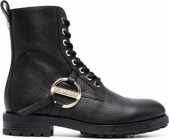 Love Moschino Black Leather Textured Gold-Tone Buckle Boots