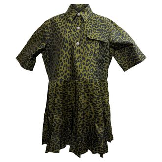 Ganni Ganni Pleated Leopard Jacquard Mini Dress in Olive Polyester