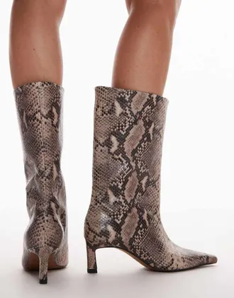 Topshop Tiggy premium leather tube boot in snake print-Multi