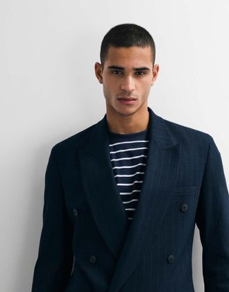 Asos Giacca da abito doppiopetto slim blu navy gessato