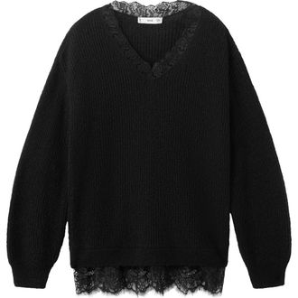 Mango Lace Trim Rib Sweater in Black at Nordstrom, Size X-Small