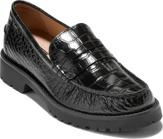 Cole Haan Treena Lug Penny Loafer in Black Croc Print Leather at Nordstrom, Size 10.5