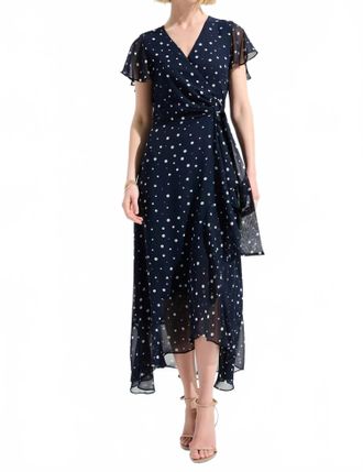 Joseph Ribkoff Printed Chiffon High Low Wrap Dress In Midnight Blue/vanilla