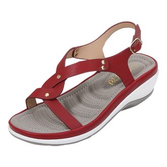 Generic Womens Elegant Heel Beach Sandals with Solid Round Toe Design for Summer Outdoor Occasions and Casual Comfort Walking Footwear (Red, 6.5)