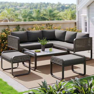 C&A Outdoor Rattan Garden Lounge Set for 6-7 People with Adjustable Corner Sofa and Cushions-Grey