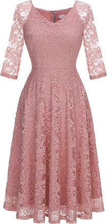 Dressystar Womens Pink Lace Floral V-Neck A-Line Wedding Dress, Size L, 3/4 Sleeve, High Waist, Ankle-Length
