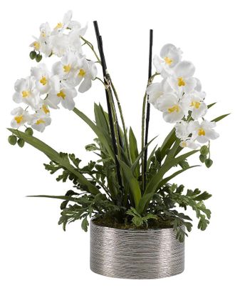 D&W Silks Cream/White Orchids In Round Silver Ceramic Bowl